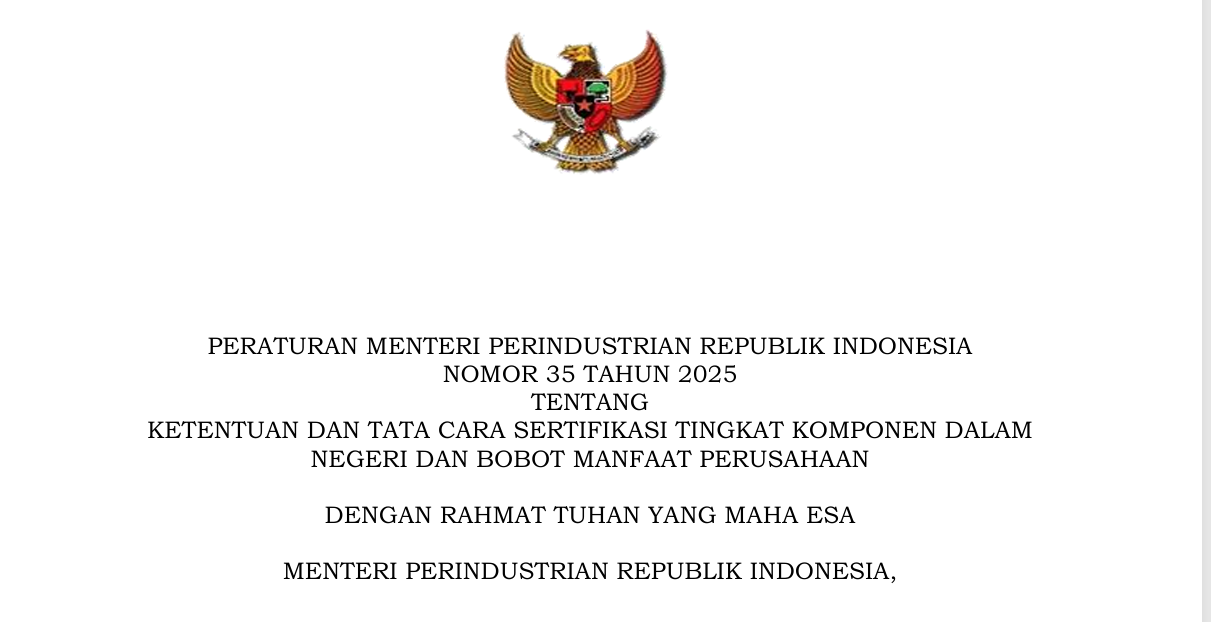 Permenperin No.35 Tahun 2025 tentang Ketentuan dan Tata Cara Sertifikasi TKDN dan BMP
