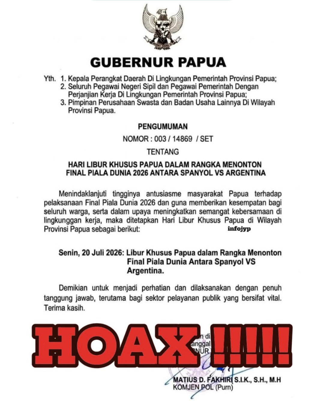 Heboh! Beredar Pengumuman Hari Libur Khusus Papua dari Gubernur Mathius untuk Menonton Final Piala Dunia